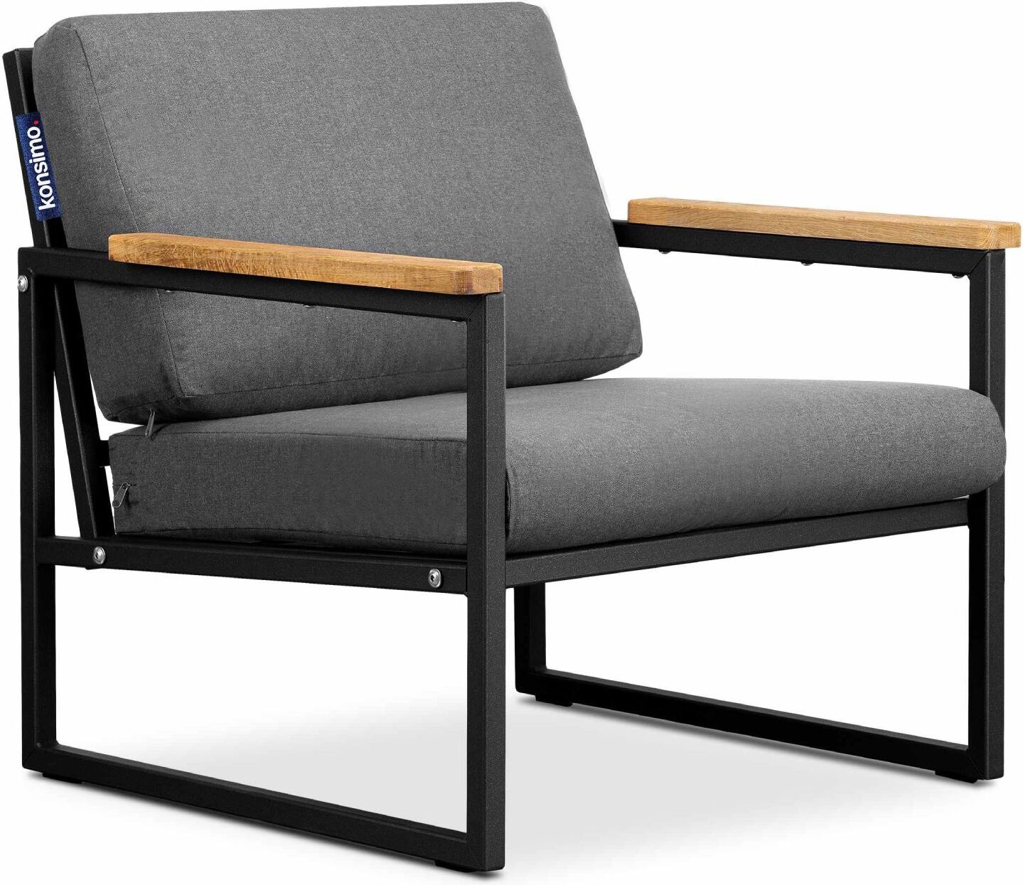 Konsimo Korrosionsbeständiger Gartenstuhl "TRIBO", Schwarz/Grau, Stahl/Schaumstoff/Stoff/Holz, Loft, 70x65x60cm