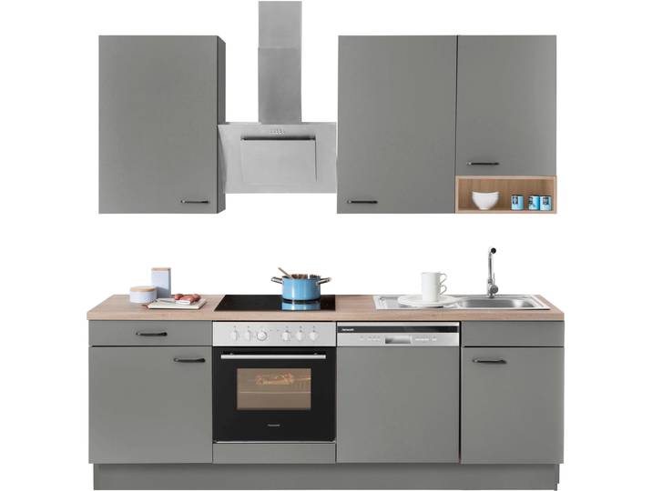 Küchenzeile, Holzwerkstoff, Grau & Eichefarben Hell 230×60 cm, Premium mit Soft-Close, OPTIFIT Elga