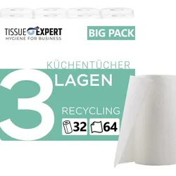Tissue Expert Küchentücher RECYCLING, 32 Rollen á 64 Blatt, 3-lagige Küchenrollen, 100% Recycling
