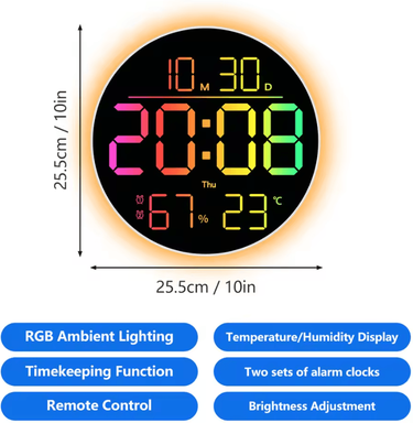 Inspire Curations Multi Function RGB LED Digital Wall Clock round Rgb Clock