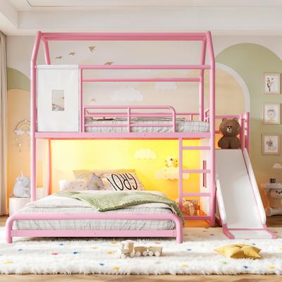 GREATPLANINC House Metal Bunk Bed with Slide Ladder LED Light Storage Cabinet