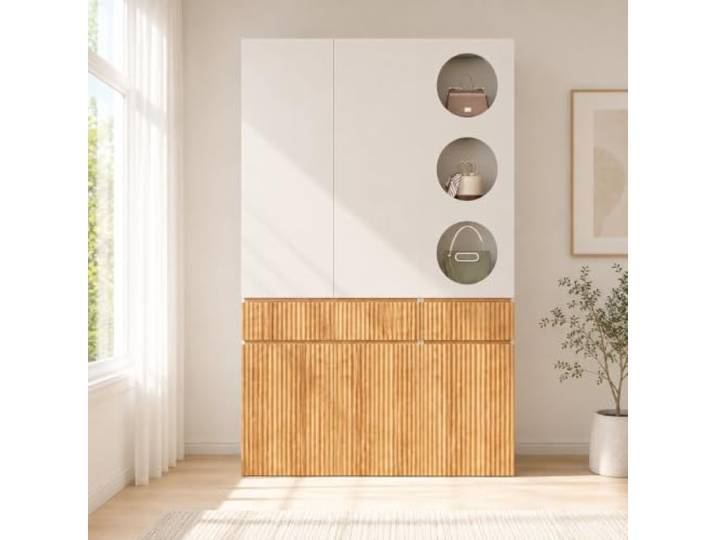 Merax Kleiderschrank, 6-türiger Drehtürenschrank in Rillenoptik mit runden Sichtfenstern, 2 Schubladen, 1 Kleiderstange, Schrank für Schlafzimmer und Flur, 135x50x202 cm, Hellgrau + Natur