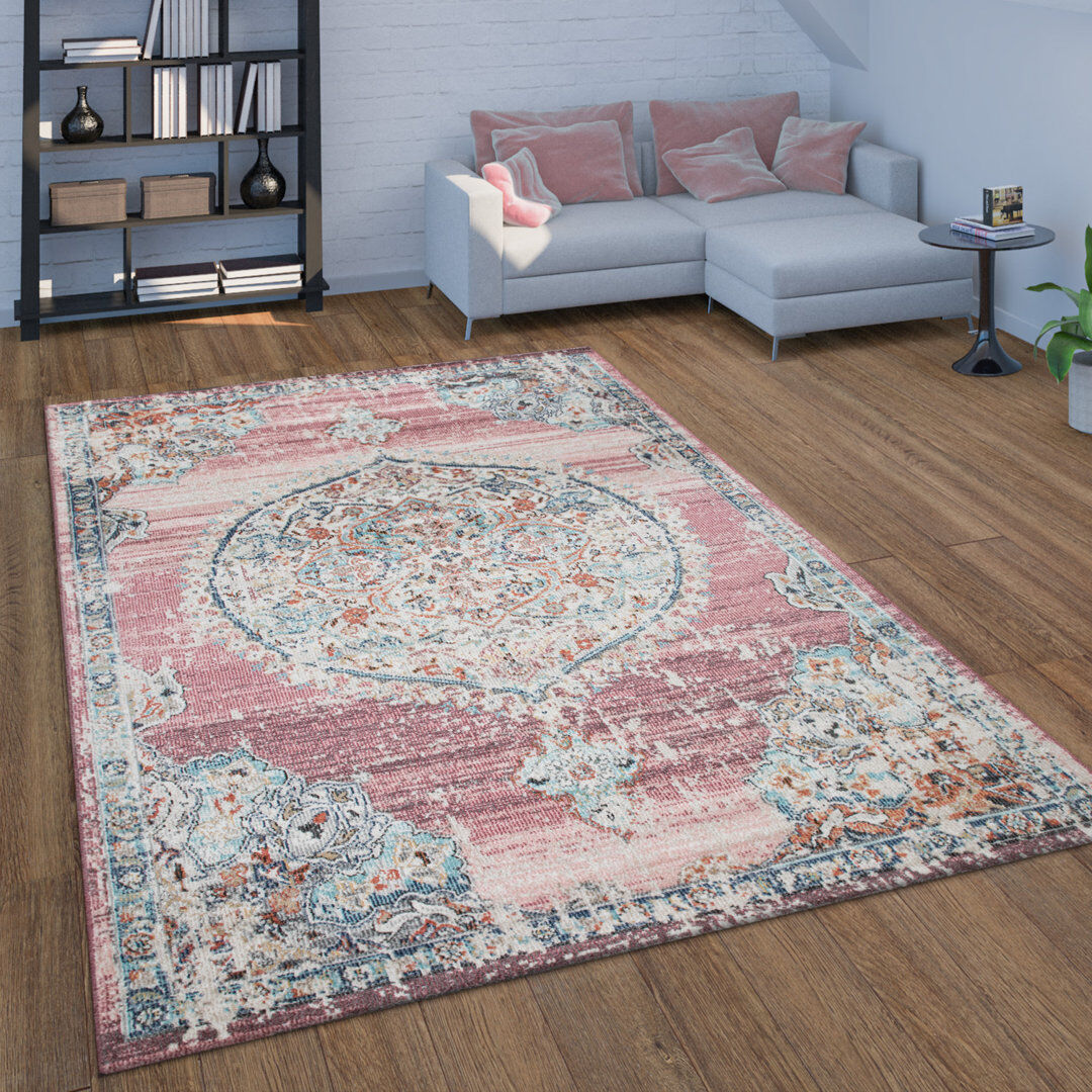 Mistana Verutiao Balcony Terrace with Oriental Power Loom Pink/Beige/Blue Indoor/Outdoor Rug Pink/Beige/Blue Round 200cm