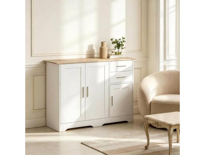 VILUXE Sideboard 100 cm mit 2 Türen 2 Schubladen Weiß Natur Kompaktes Sideboard mit 2 Türen, 2 Schubladen, verstellbarem Einlegeboden und Kippschutz, für Wohn- und Esszimmer