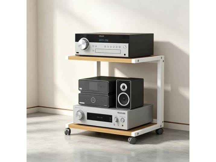 YHTCSXMD HiFi Rack mit Rollen, Offenes Audio Rack für Audiogeräte Dicke Holzablagen, Stahlrahmen und Rollen mit Fußbremse, für Wohnzimmer und Büro