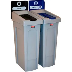 Mülltrennsystem Rubbermaid Slim Jim Recycling-Station 2 x 87 L schwarzer und blauer Deckel, Müll und Papier