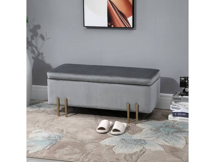 HOMCOM Banc Velours Gris Espace Rangement Métal Doré