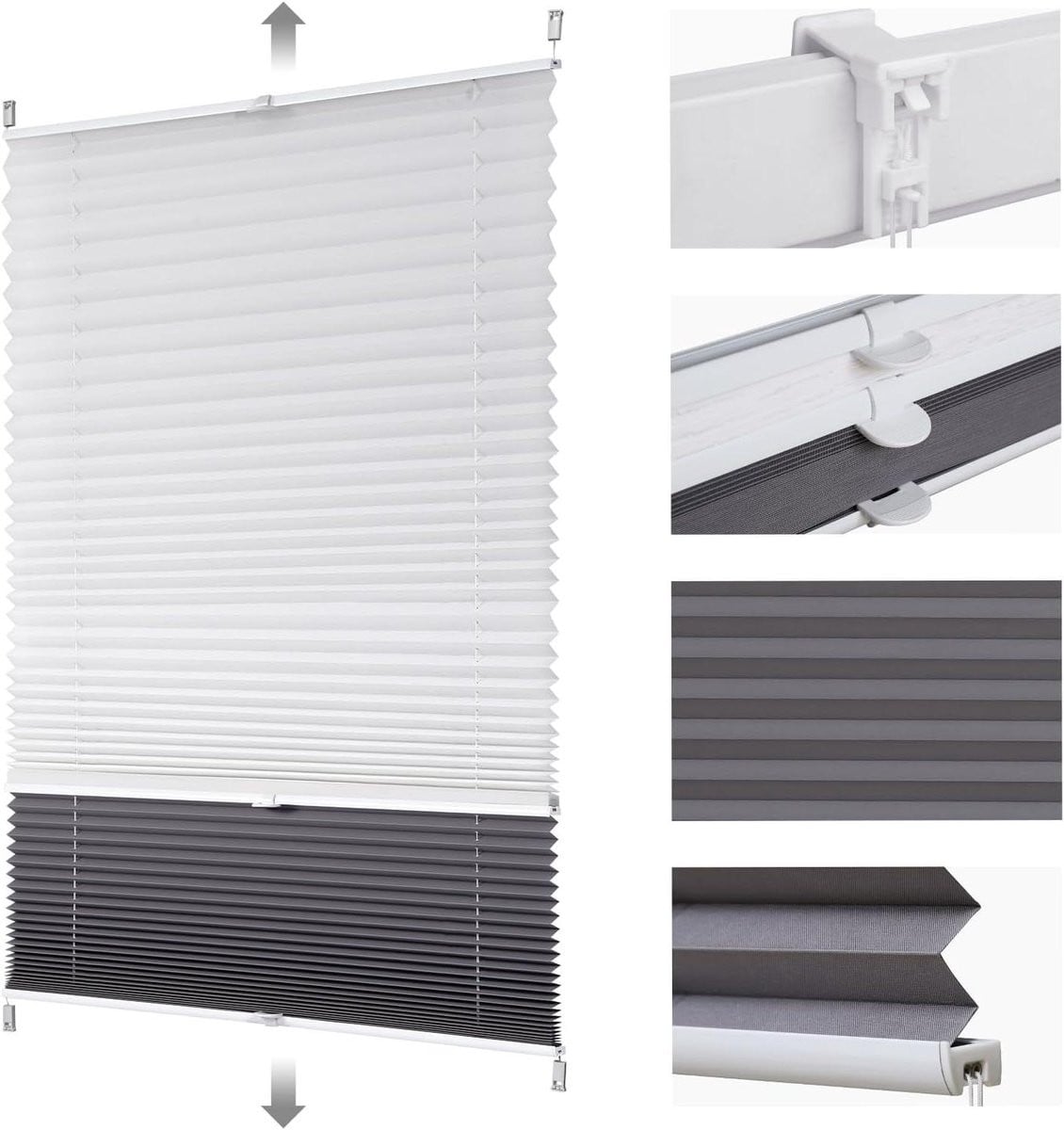 Plissé Gordijn Duette Dag Nacht Wit Grijs - Raam Verduisteren - Klembevestiging - B: 100 cm, H: 120 cm