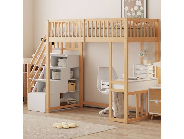 Lit mezzanine 90x200 avec table multifonction escalier de rangement pin blanc pour chambre enfant ORVRYN