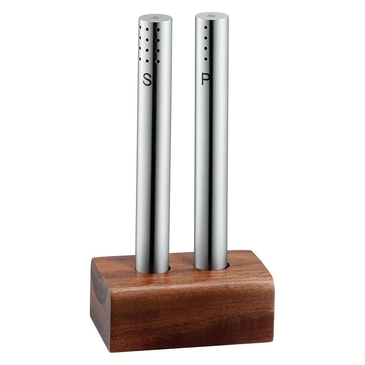 WMF Salzstreuer und Pfefferstreuer Set 3-teilig Cromargan Edelstahl mattiert mit Holz-Ständer (Pfeffer, Salz) (06.3454.6040)