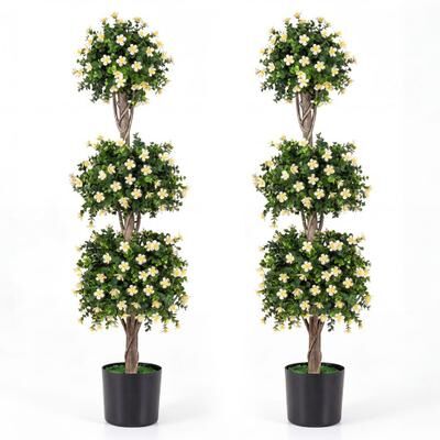 "Costway Set of 2 51"" Artificial Topiary Tree with 3 Topiary Balls Sun-Resistant Fake Bushes-White"