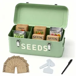 Relaxdays Saatgut Aufbewahrungsbox mit Zubehör Grün,Silber