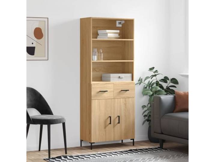 Modernes Highboard in Sonoma-Eiche Optik, Elegantes Highboard mit Stauraum aus Holzwerkstoff für Wohnzimmer, stabiles Aufbewahrungsmöbel für die Einrichtung mit Metallfüßen