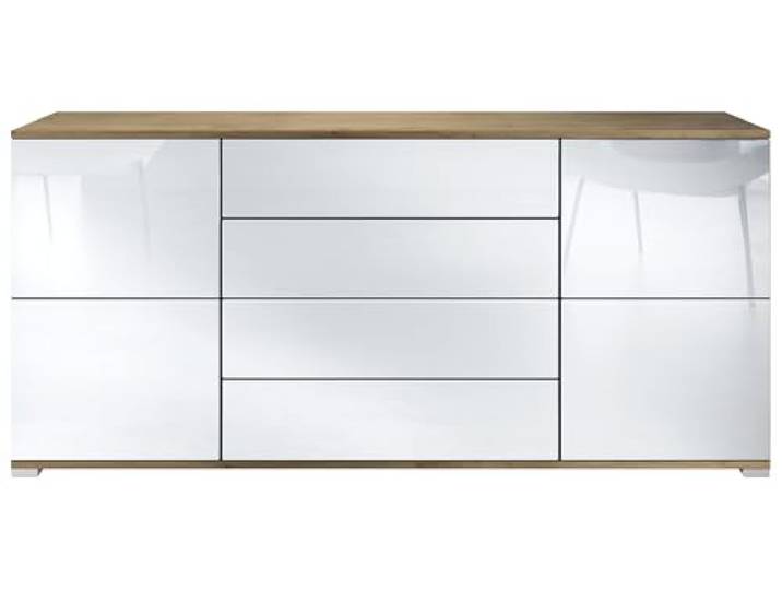 Vladon Sideboard Rova V2, Kommode mit 4 Türen und 4 Schubladen, Eiche Evoke/Weiß Hochglanz (166,5 x 75,5 x 35)
