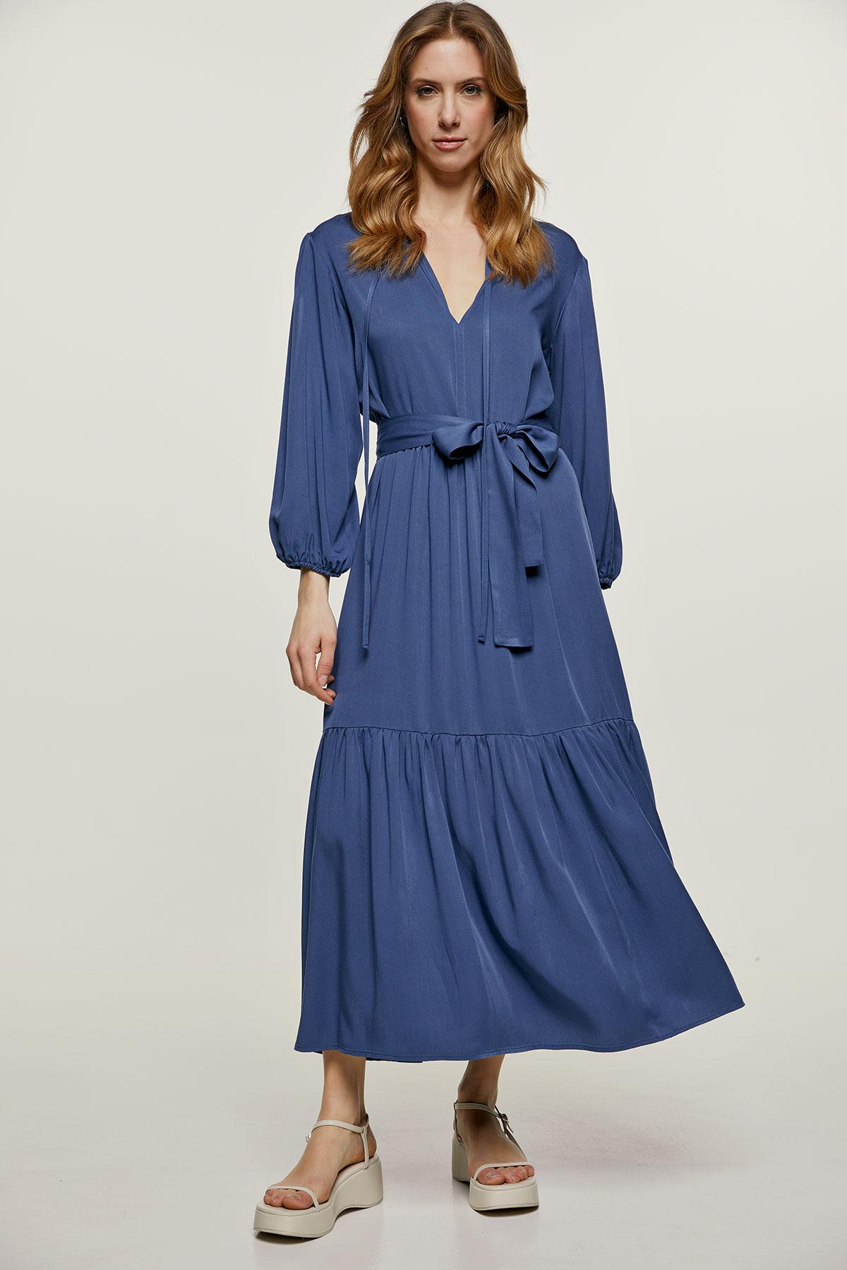 Dunkelblaues Midi-Kleid mit Bändern