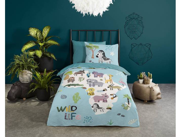 Kinderbettwäsche Wildlife 140 x 240cm Blau/Türkis/Multicolor