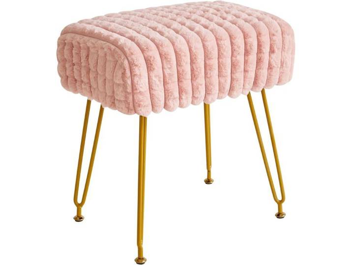 IBUYKE - Tabouret Vanity Velours Rose Repose-Pieds Maquillage avec Pieds en Acier Doré Motif Grille Carrée - Chambre et Coiffeuse