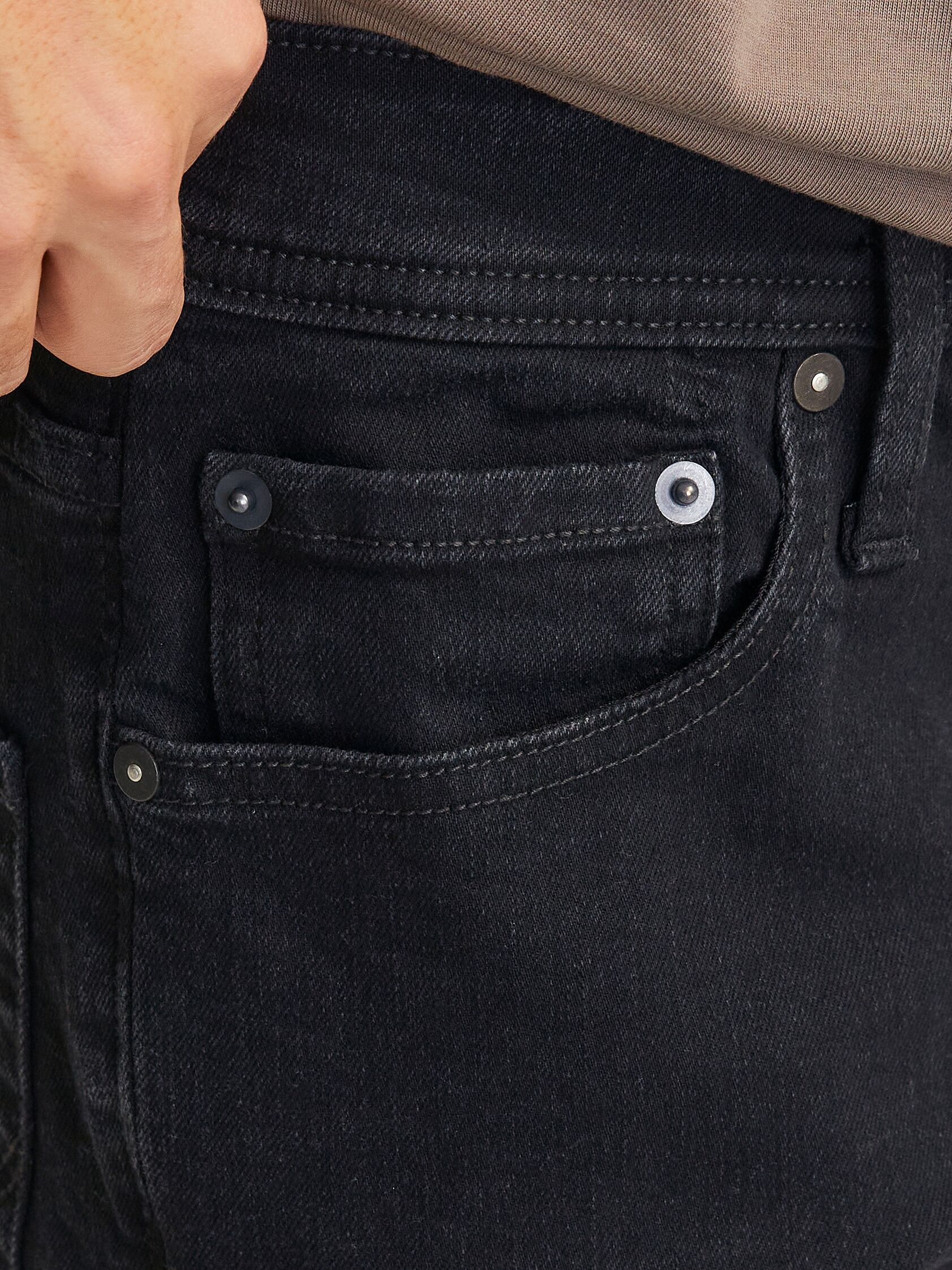 Tapered-fit-Jeans JACK & JONES "JJIMIKE JJORIGINAL SQ 223", Herren, Gr. 27, Länge 32, schwarz denim, Denim/Jeans, Obermaterial: 76% Baumwolle, 22% Polyester, 2% Elasthan, clean, bequem lang, Jeans Tapered-fit-Jeans, Stonewashed für einen Used-Look mit Fad
