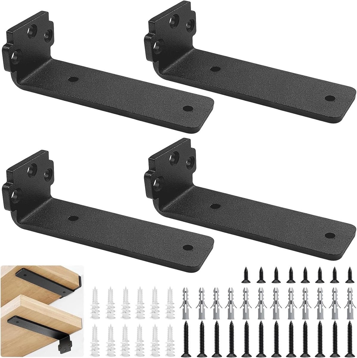 Set van 4 zwarte L-vormige planksteunen voor muurmontage van 10 cm en 12,5 cm