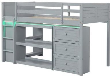 Costway Twin Size Loft Bed with LED Lights and Underbed Space for Kids-Gray