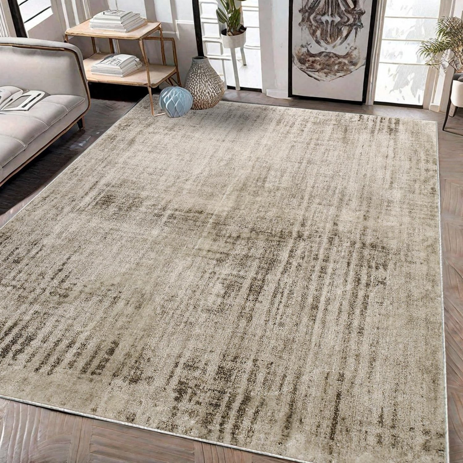 Abstract Modern Vloerkleed Beige-Grijs Laagpolig met Antislip en Viscose