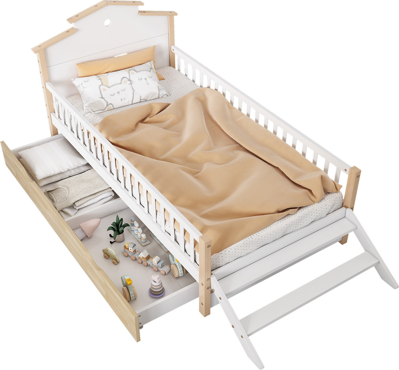 Kinderbett,Flachbetten,Holzbetten mit Fallschutz und Gitter,Mit Seitenleiter, Einzigartiges Dachdesign,Rahmen aus Kiefer, Kiefer+MDF