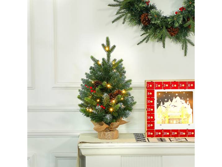 HOMCOM Sapin de Noël 60cm LED Pommes de Pin Baies Base Béton