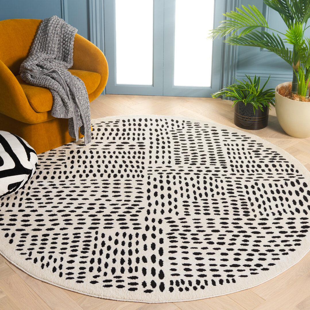 Ebern Designs Megnan Area Rug In Ivory & Black Ivory / Black Round 201cm