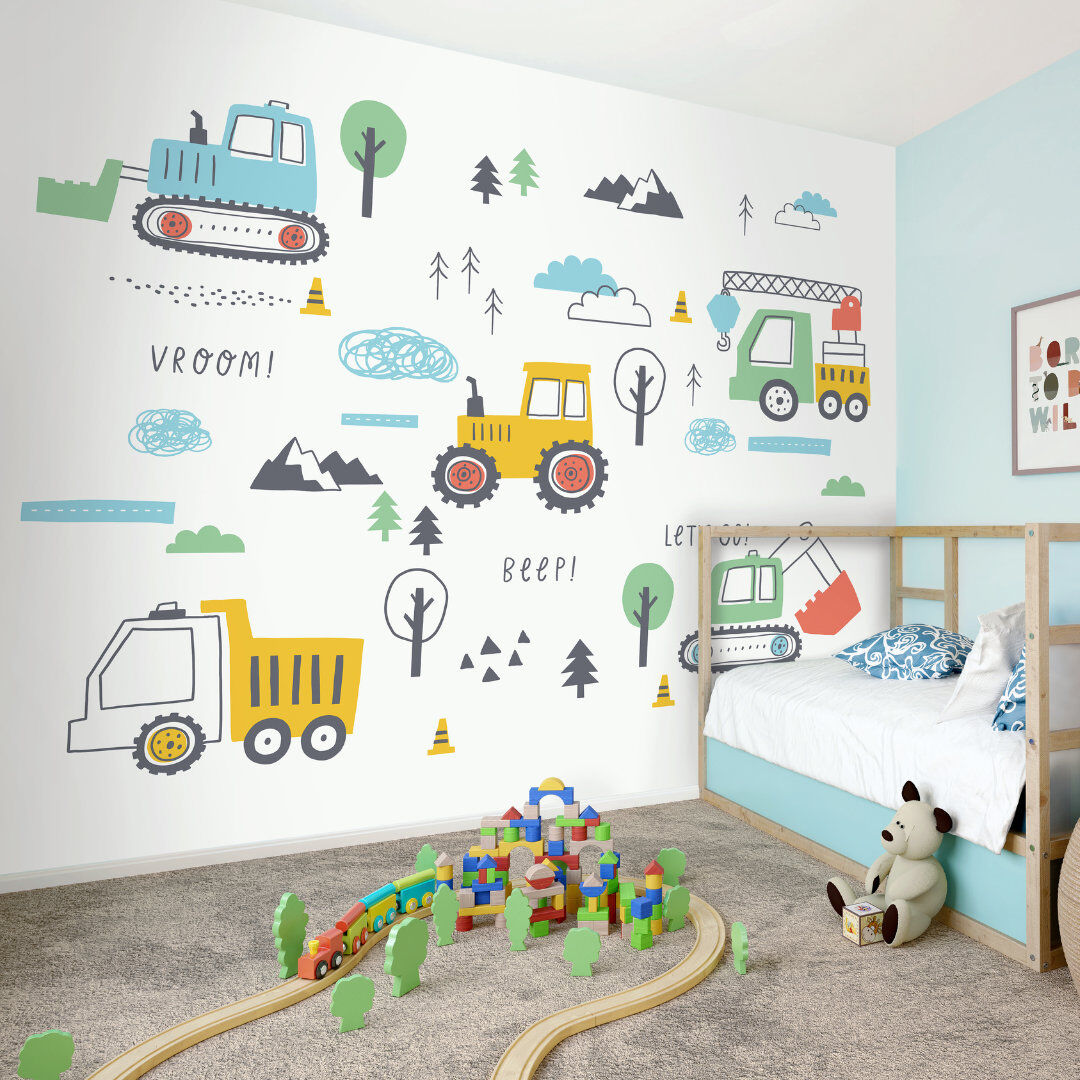 Isabelle & Max Tractors And Diggers - Wall Mural Yellow 240cm L x 300cm W
