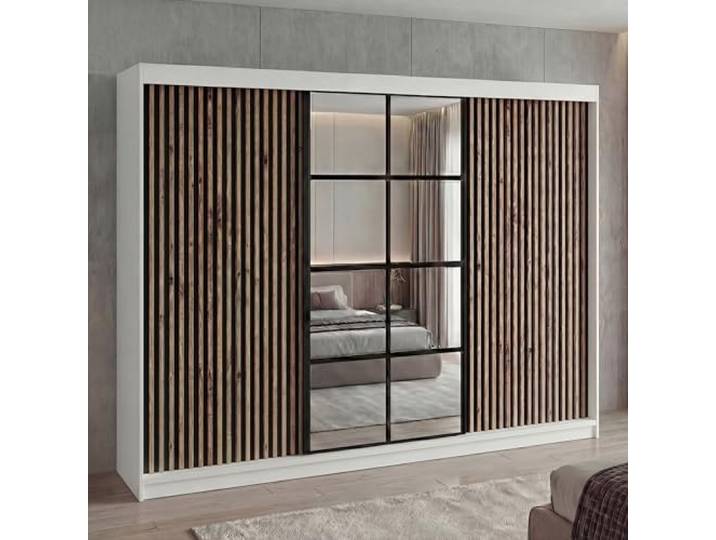 A&J MöbelLand Schwebetürenschrank NORIVO Kleiderschrank 200 cm mit Spiegel & Holzlamellen