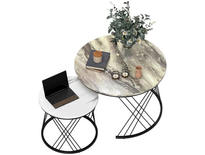 HOMCOM Juego de 2 Mesas Nido Mesas de Centro para Salón Redondas con Tablero con Diseño de Mármol Gris y Blanco