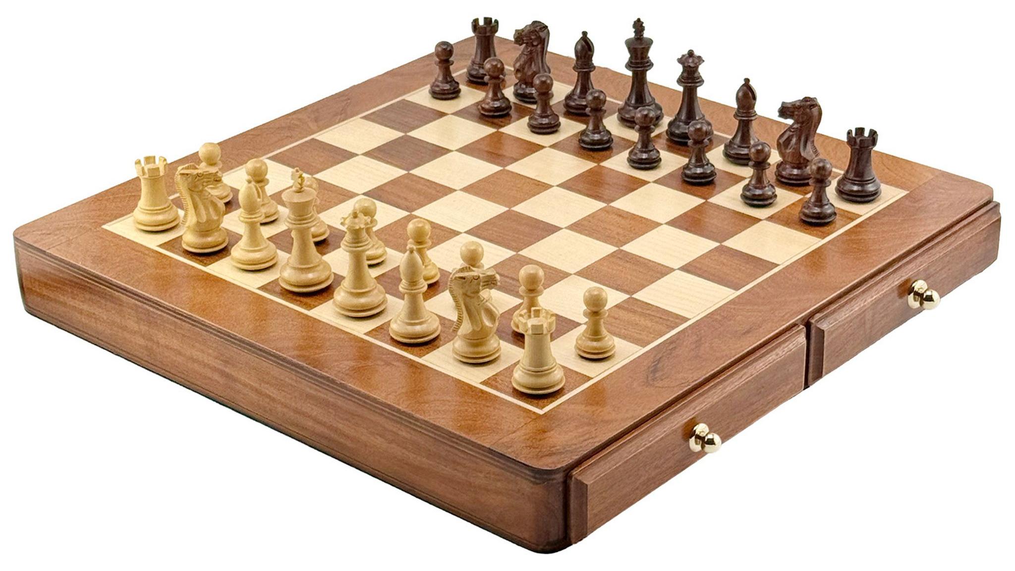 Exklusives Schachset - Palisander Staunton Figuren 7,8 cm & Italfama Schachkasten mit 2 Schubladen und Einzelfächern 46x46 cm