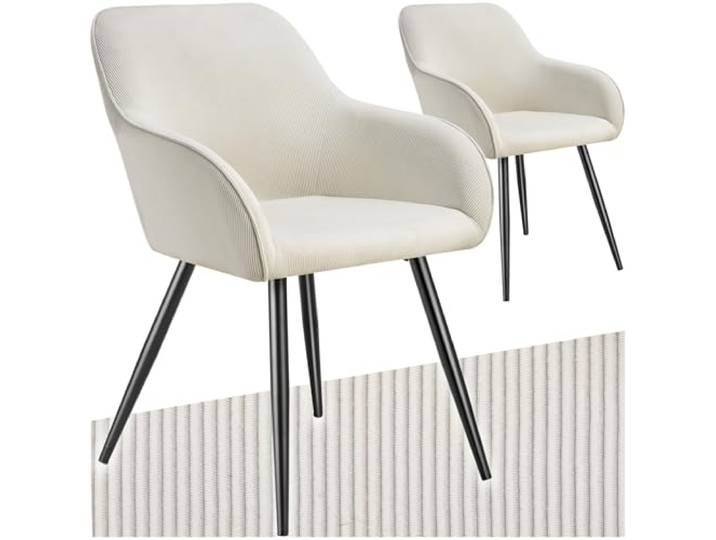 tectake® 2X Esszimmerstuhl, Sessel bequem mit Armlehne, Polsterstuhl, Cord Cocktailsessel, Loungesessel für Wohnzimmer, Esszimmer, Moderne Küchenstühle, Bürostuhl - Creme/schwarz