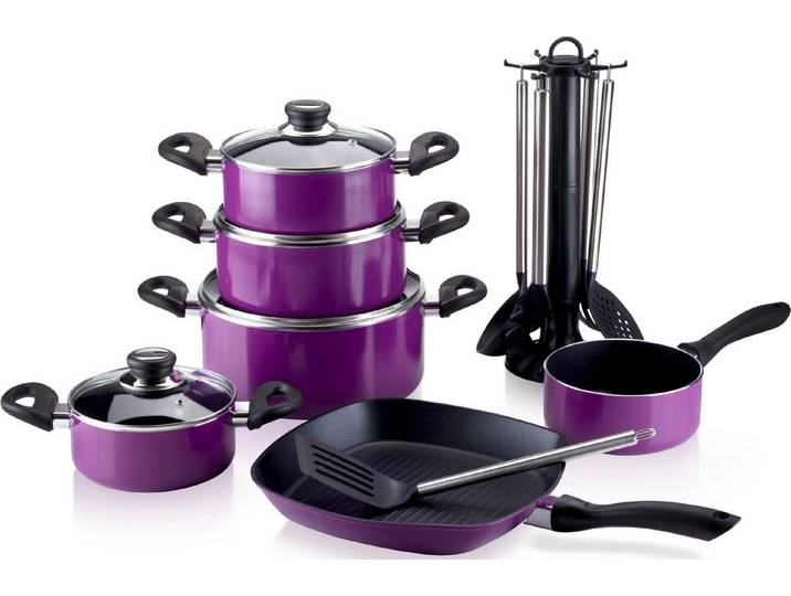 Krüger Topf-Set Aluguss Topf- und Pfannenset inkl. praktischen Küchenhelfern, 17 tlg., Aluminiumguss (Set, 17-tlg., Fleischtopf 16/18/20/24cm, Stieltopf 16cm Steakpfanne 7 T.Küchenhelfer), inkl. 7-tlg. Küchenhelfer-Set