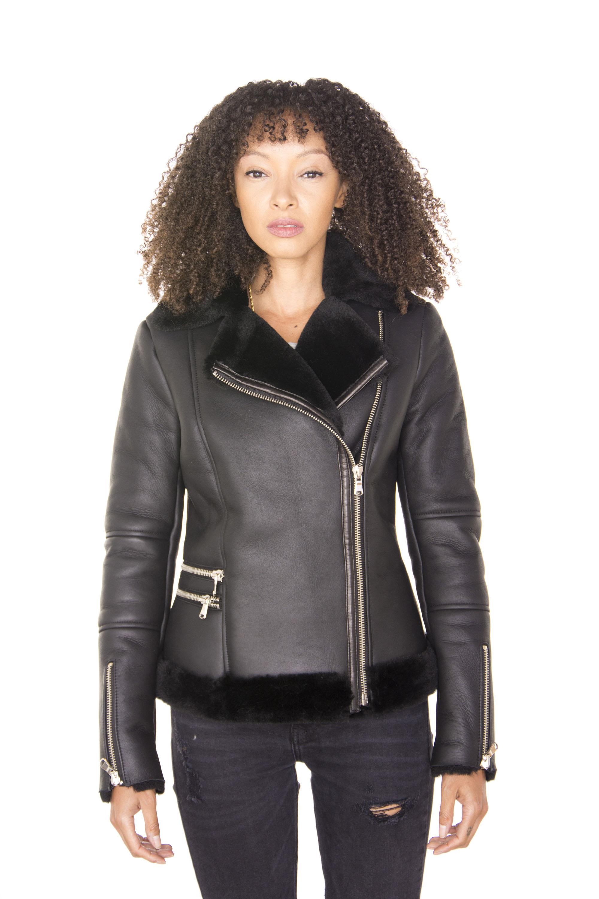 Schwarze Damen-Fliegerjacke aus Shearling-Schaffell-Kiew