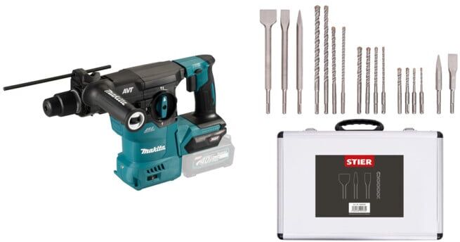 Set Makita Akku-Kombihammer SDS-PLUS 40V max. + Stier SDS-Plus Bohrer & Meißelsatz, 17-teilig