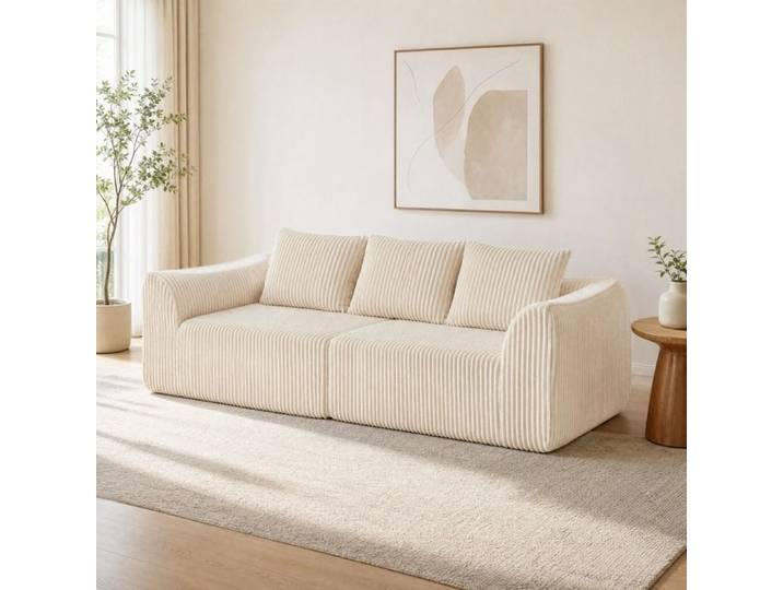 Canapé modulable 6 places sans montage lignes courbes revêtement en velours côtelé beige - UVRION