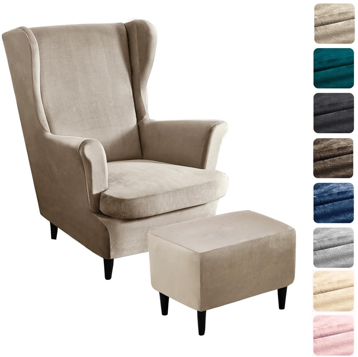 Dailygoods 3-delige rekbare fluwelen fauteuilhoes met hoge rugleuning en armleuningen - Champagne