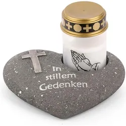 Novaliv, Aussendekoration, Grabschmuck Herz Anthrazit mit Kreuz Spruch In stillem Gedenken inkl. LED Grablicht Weiss