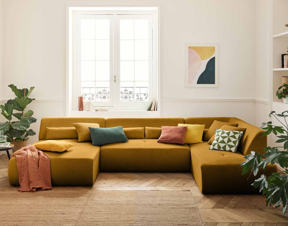 Best Mobilier Canapé modulable 7 places angle droit en velours côtelé jaune Jaune 334x75x198cm