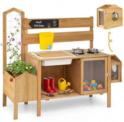 Costway Mud Kitchen for Kids with Detachable Bird Cage and Stoves-Natural