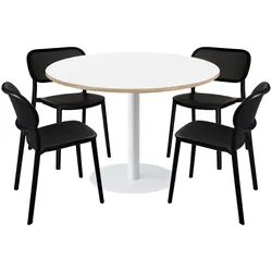 RestooTab - XL-Tisch Rome Ø120cm mit 4 Stühlen - Tischsäule weiße Tischplatte weiß Kanten in Holzoptik