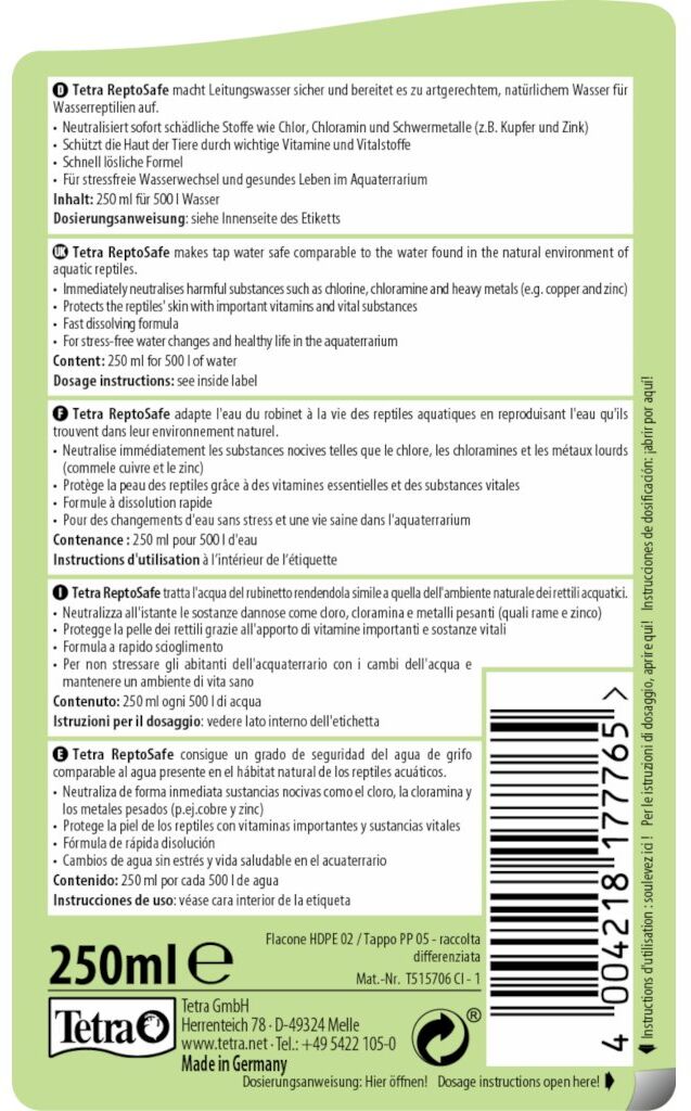 250 ml Tetra ReptoSafe Biocondizionatore Elimina Neutralizza Sostanze Dannose Cloro e Metalli Pesanti con Vitamine per Tartarughe e Anfibi Acquatici