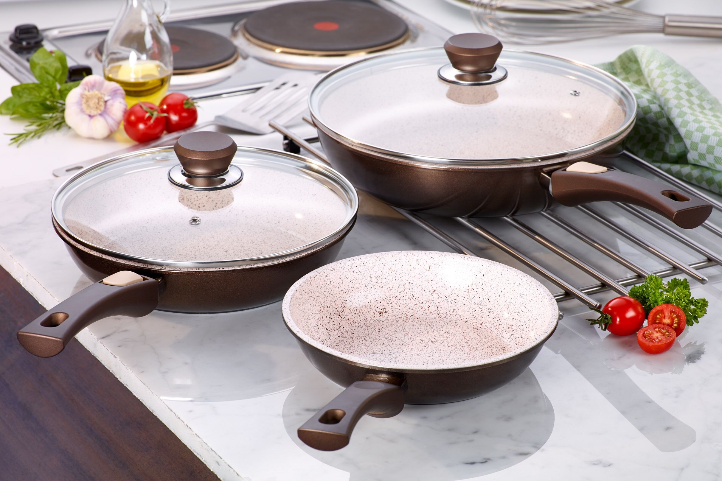 Pfannen-Set GENIUS "Cerafit Granit - Grand-Edition Pfanne, 7-teiliges Set", braun, Ø:28cm, Pfannen, Pfannen-Set, geeignet für Aufläufe, zum Schmoren o. Backen - ohne Griff und Deckel braun Ø 28cm