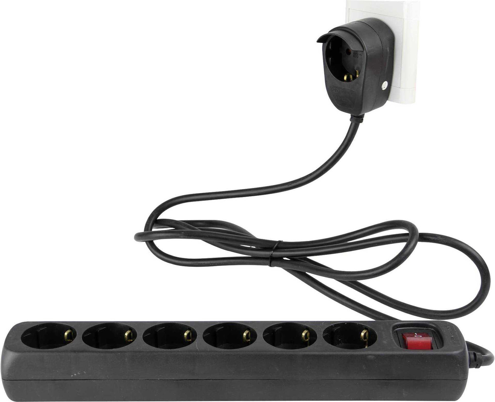 REV Powersplit stekkerdoos met 6 stopcontacten en 1 USB-poort, 2 meter, zwart