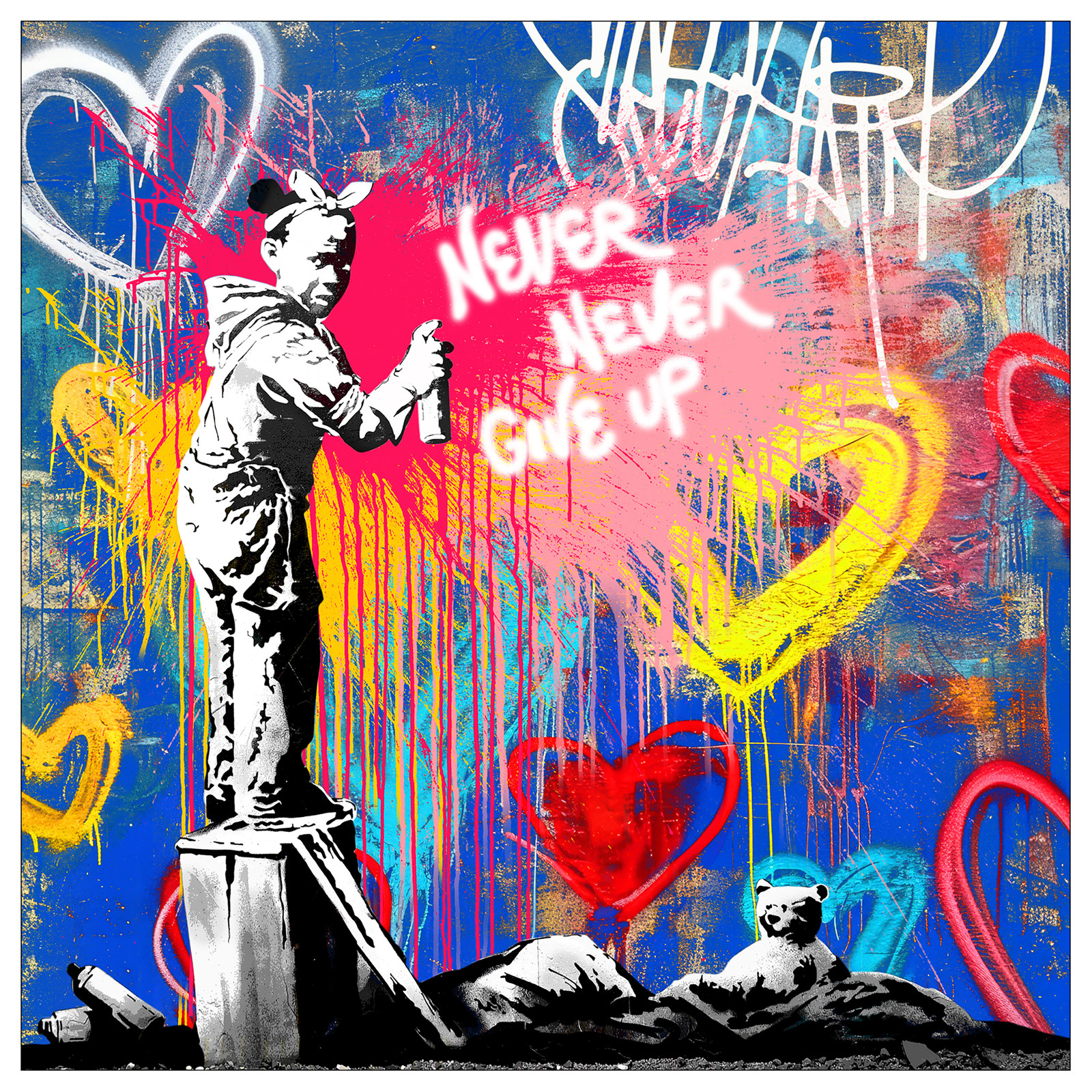 home24 Graffiti Never Give Up Canvas Wanddecoratie, Blauw/Geel/Rood, 30 x 30 x 2 cm