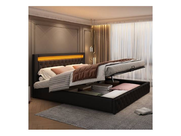 Flieks Polsterbett, LED-Beleuchtung Kunstleder Doppelbett Stauraum 140x190cm