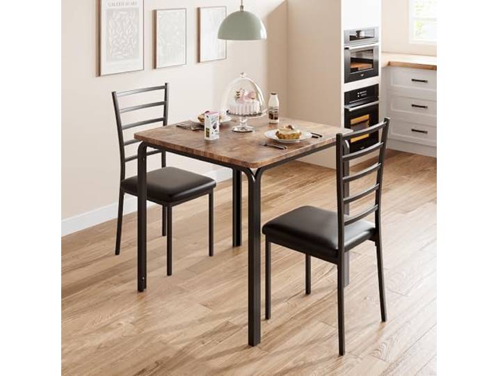 Crevyteg 3-teiliges Tisch mit Stühlen, Esstisch Klein mit 2 Stühlen, Quadratischer Esstisch aus Metall und Holz mit 2 Gepolsterten Stühlen, Küchentisch mit 2 Stühlen für Kleine Räume, Vintage-braun