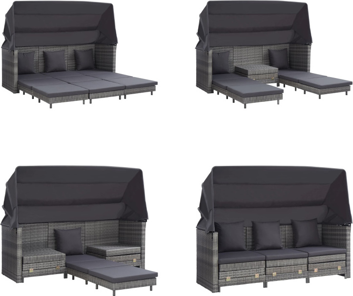 vidaXL Ausziehbares 3 Sitzer Schlafsofa mit Dach Poly Rattan Grau - Schlafsofa - Schlafsofas - Rattan-Schlafsofa - Rattan-Schlafsofas