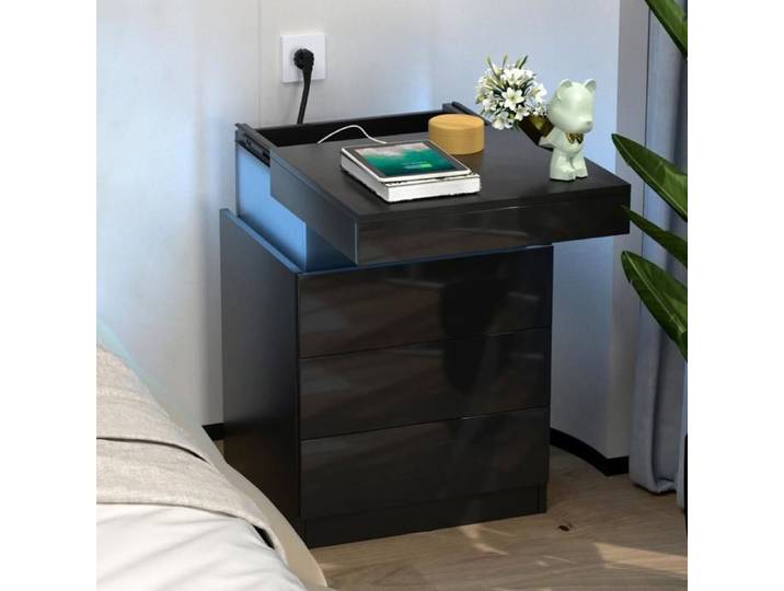 HOMEWELL. Table De Chevet Multifonctionnelle Avec Trois Tiroirs Prise Standard Européenne + Éclairage Led 45*40*67cm Noir